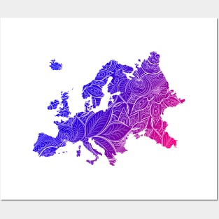 Colorful mandala art map of Europe with text in blue and violet Posters and Art